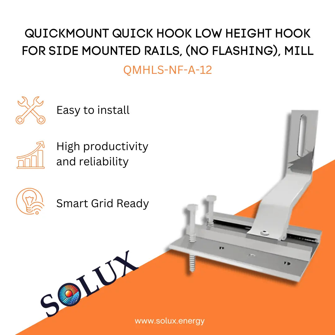 Marketing graphic for the QuickMount Roof Hook for Side Mounted Rails, Mill (QMHLS-NF-A-12), featuring a silver mill-finish aluminum low-profile tile hook assembly designed for side-mounted rails without flashing. The image includes SOLUX branding and icons for easy installation, high productivity/reliability, and smart grid readiness.